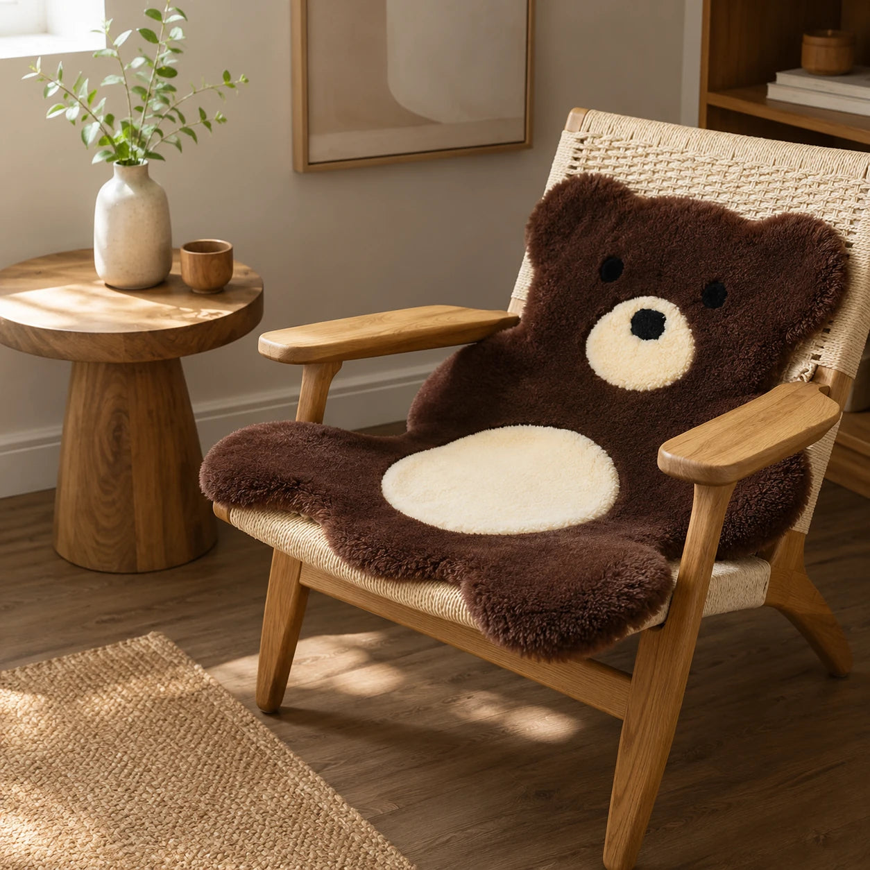 Capricornus Living Brown bear Australian wool rug used as a chair cushion