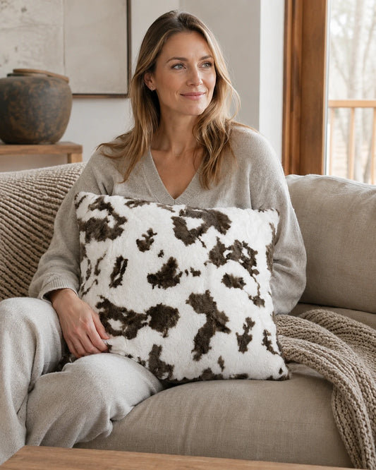 Capricornus Living White Coffee Abstract rabbit fur throw pillow held on a neutral sofa