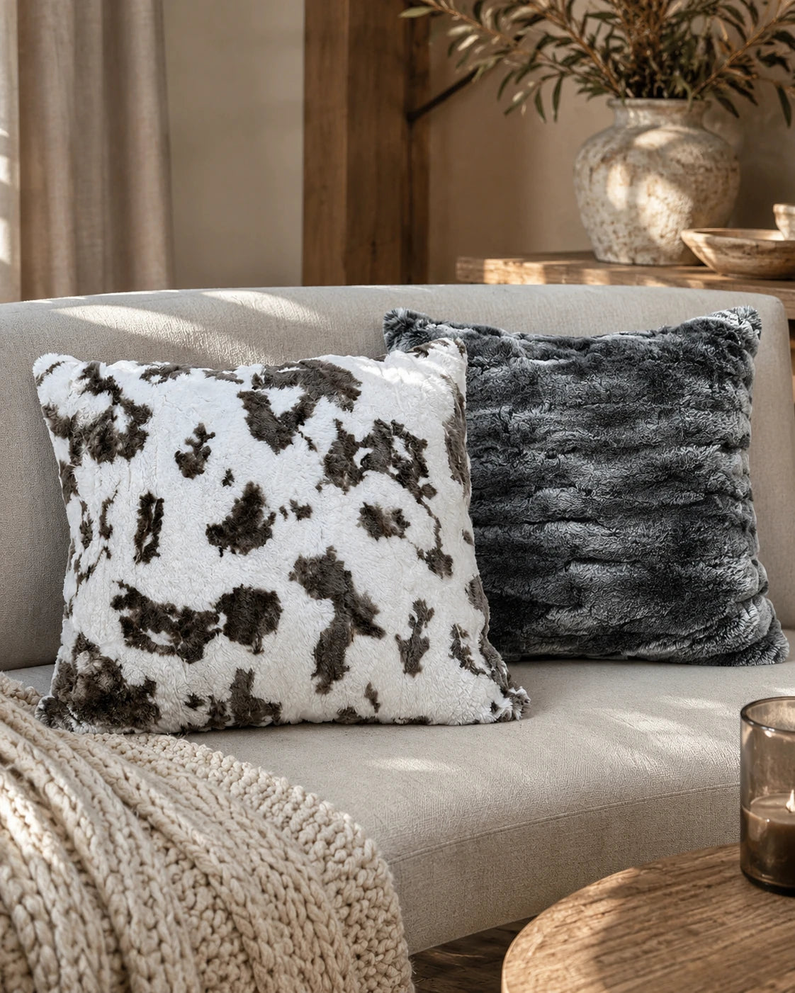 Capricornus Living White Coffee Abstract rabbit fur pillows layered on a sofa