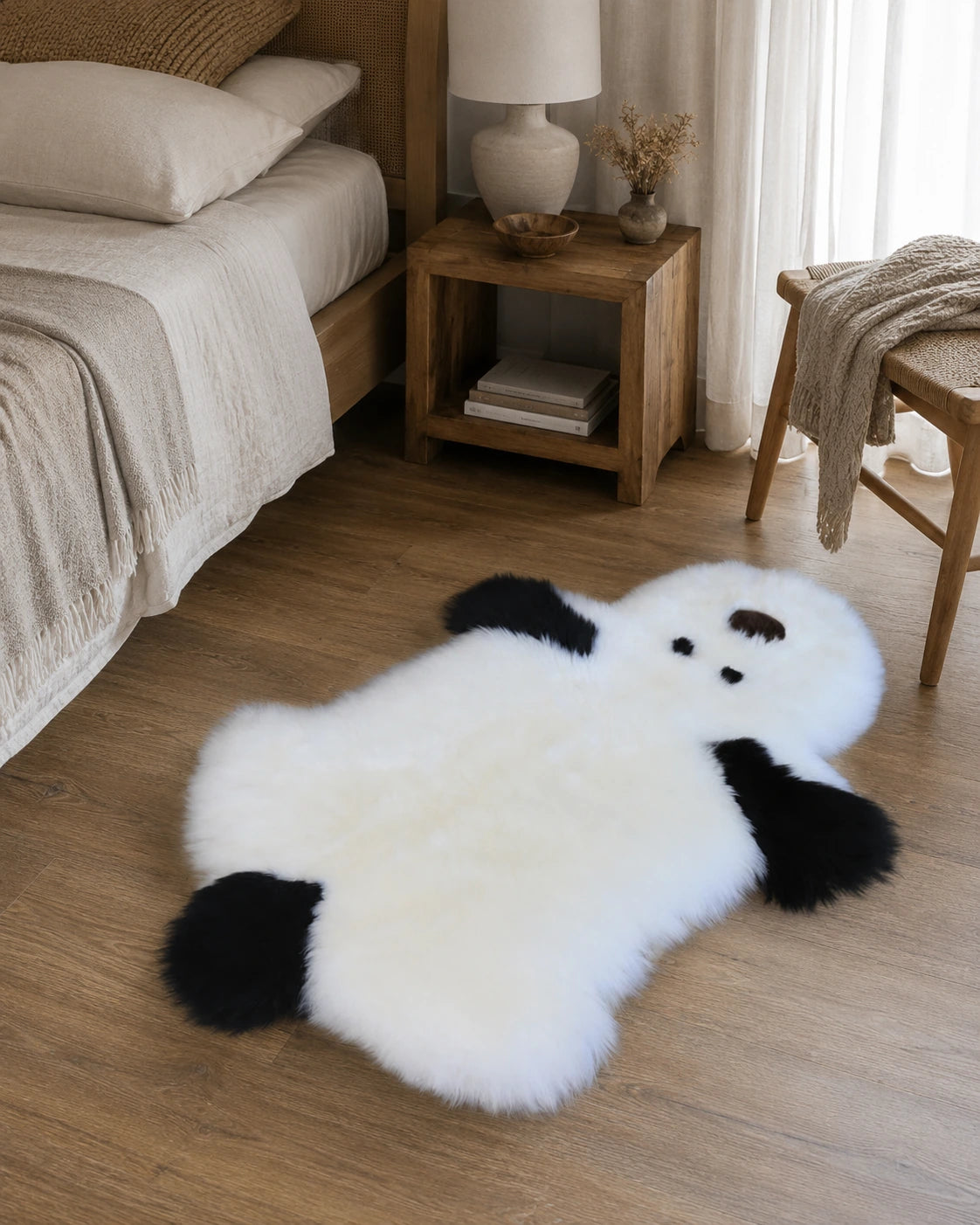 Capricornus Living Genuine sheepskin puppy-shaped rug placed beside a bed