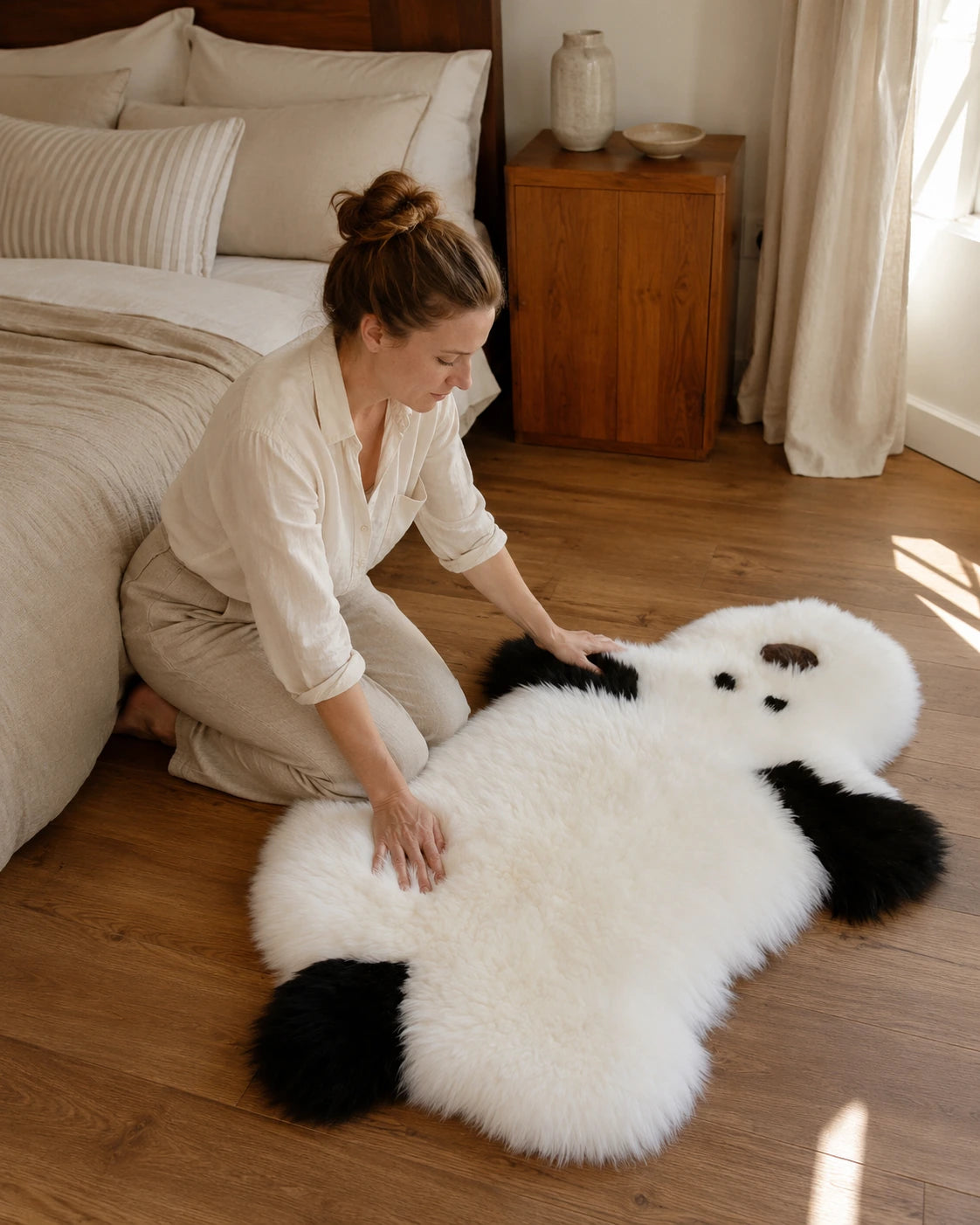 Capricornus Living Genuine long-wool puppy-shaped rug in a warm American bedroom