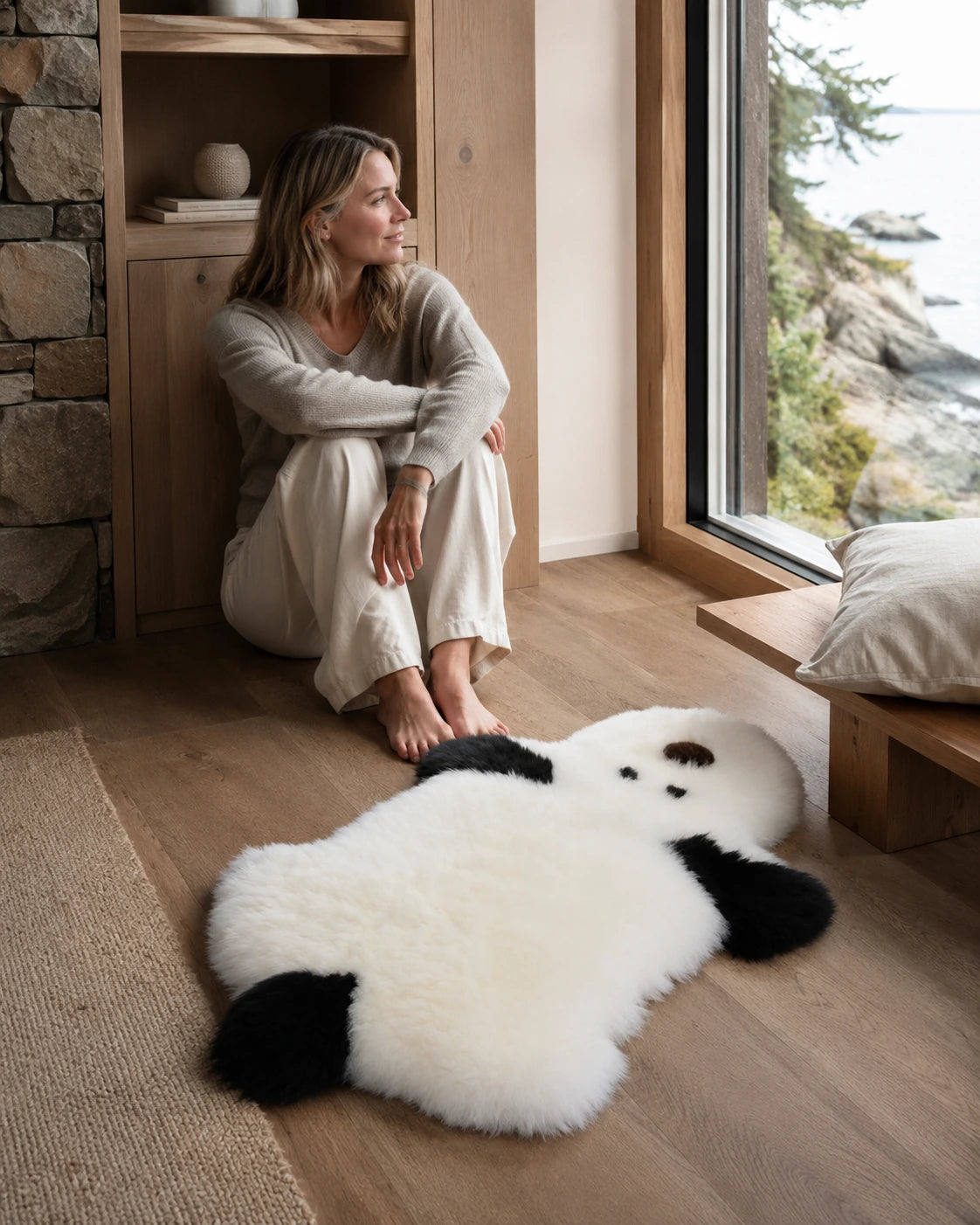 Capricornus Living White and black puppy-shaped sheepskin rug styled by a bright window