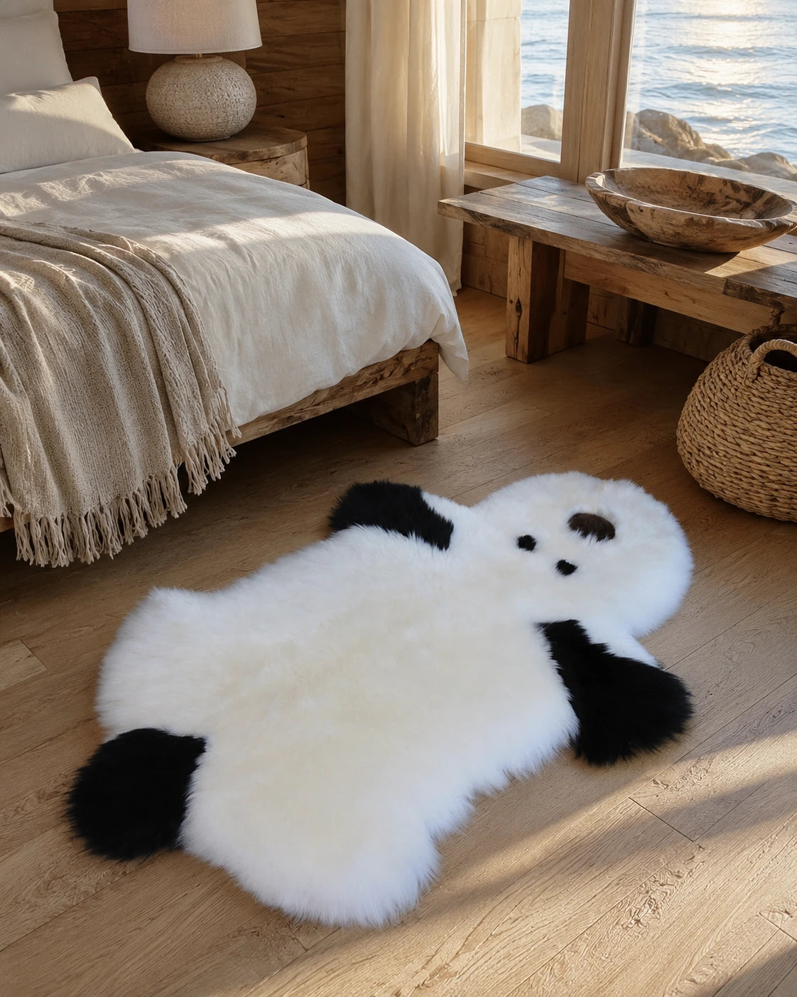 Capricornus Living White and black puppy-shaped sheepskin rug styled in a coastal bedroom
