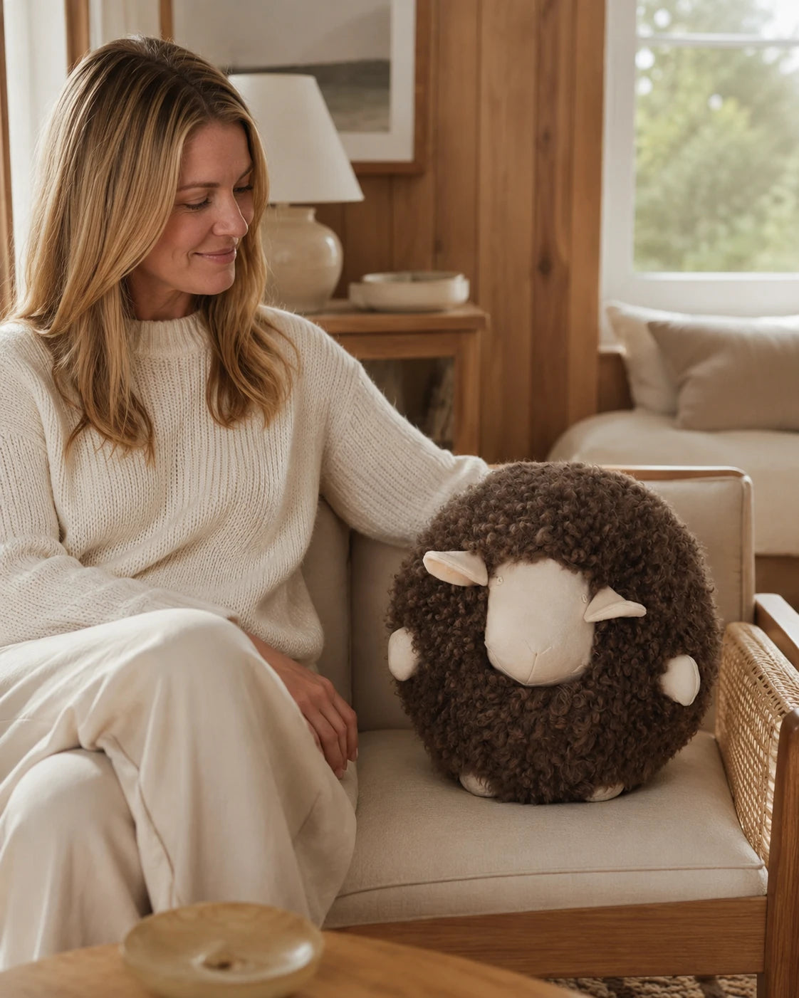 Capricornus Living Mocha Brown sheep pillow used on a neutral sofa