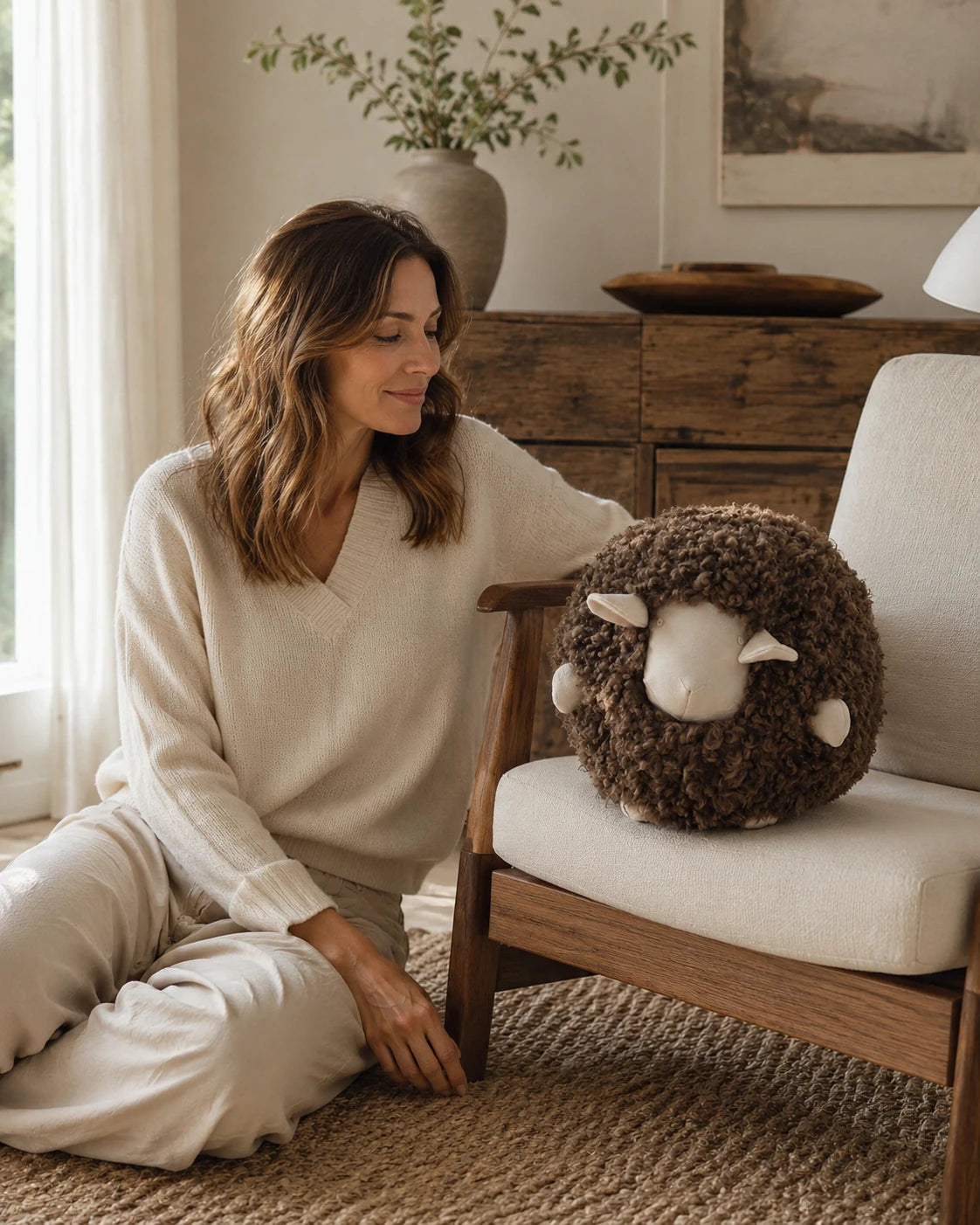 Capricornus Living Mocha Brown sheep pillow on an accent chair