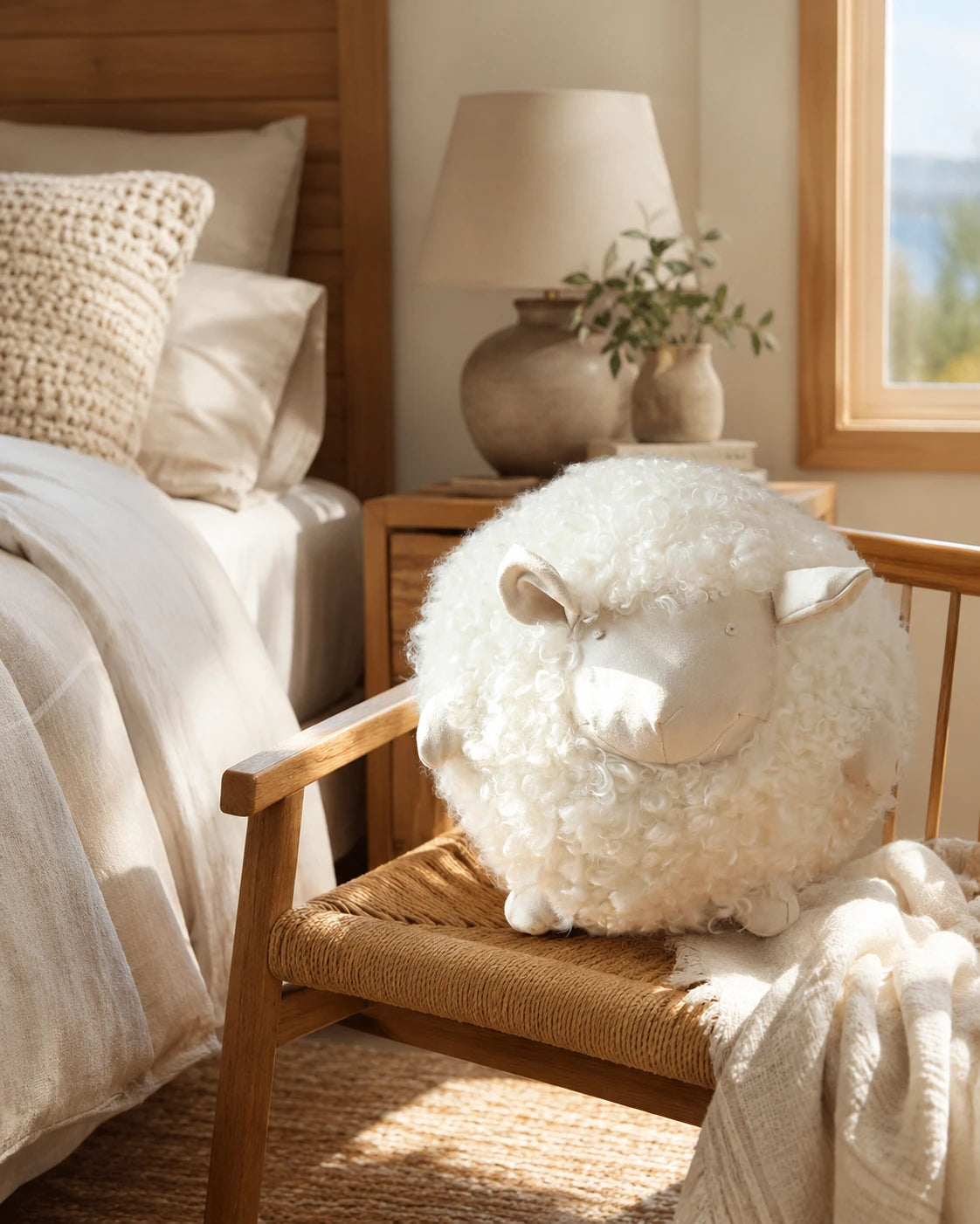Capricornus Living Cream White sheep pillow on a bedroom accent chair