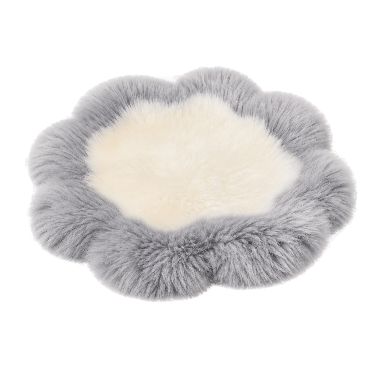 Capricornus Living Silver Gray Border and Ivory Center genuine sheepskin flower chair pad on a transparent background