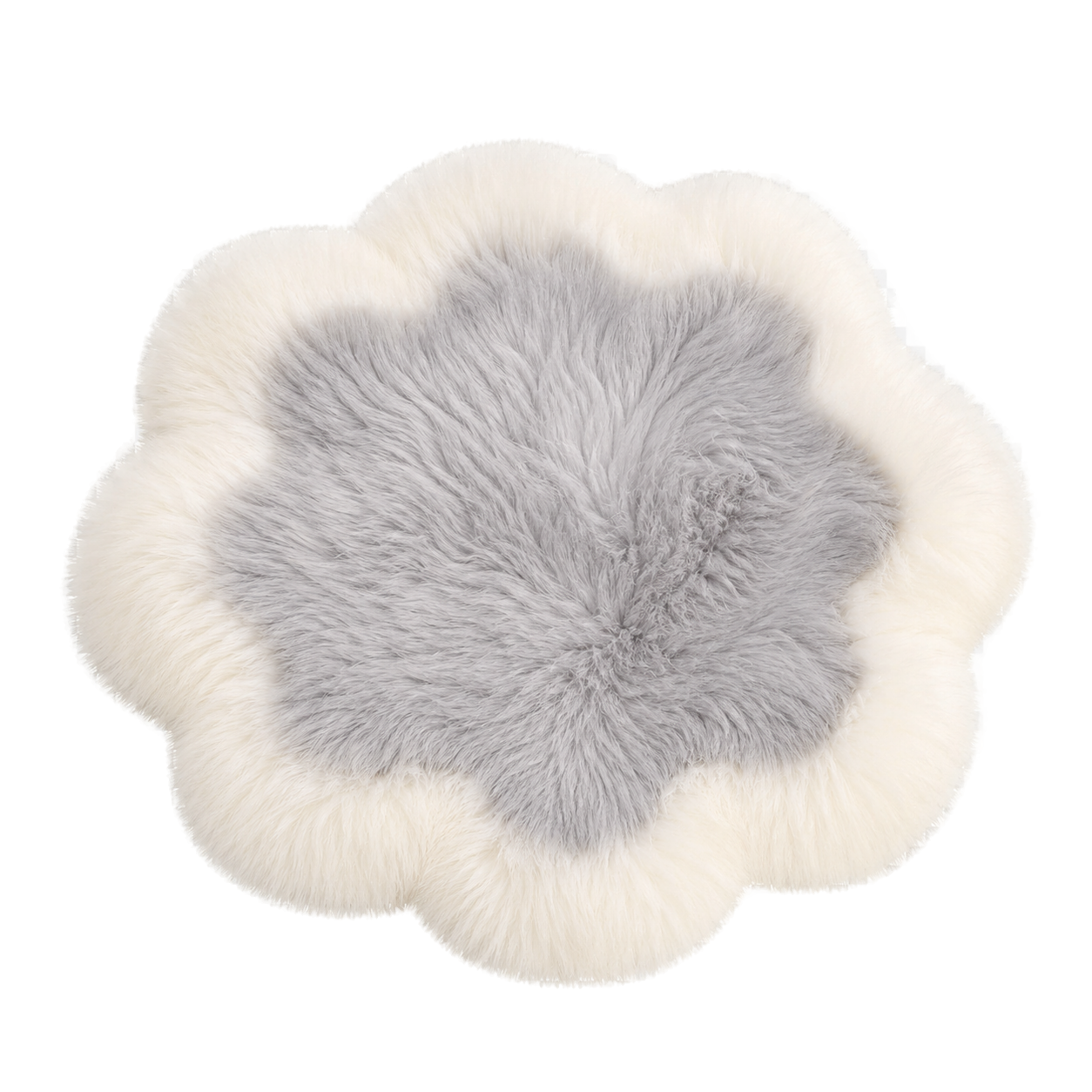 Capricornus Living Ivory Border and Silver Gray Center genuine sheepskin flower chair pad on a transparent background