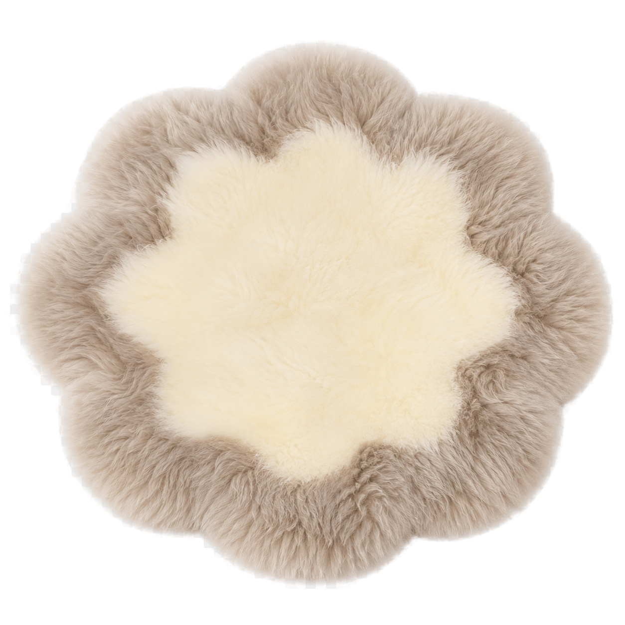 Capricornus Living Taupe Border and Ivory Center genuine sheepskin flower chair pad on a transparent background