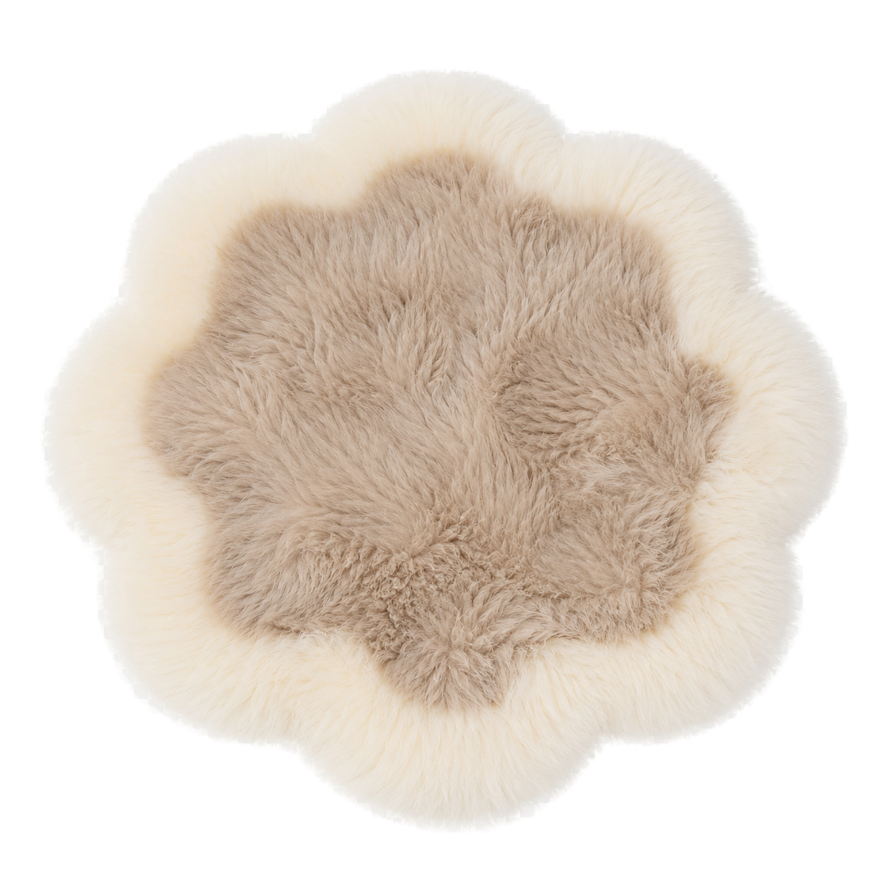 Capricornus Living Ivory Border and Taupe Center genuine sheepskin flower chair pad on a transparent background