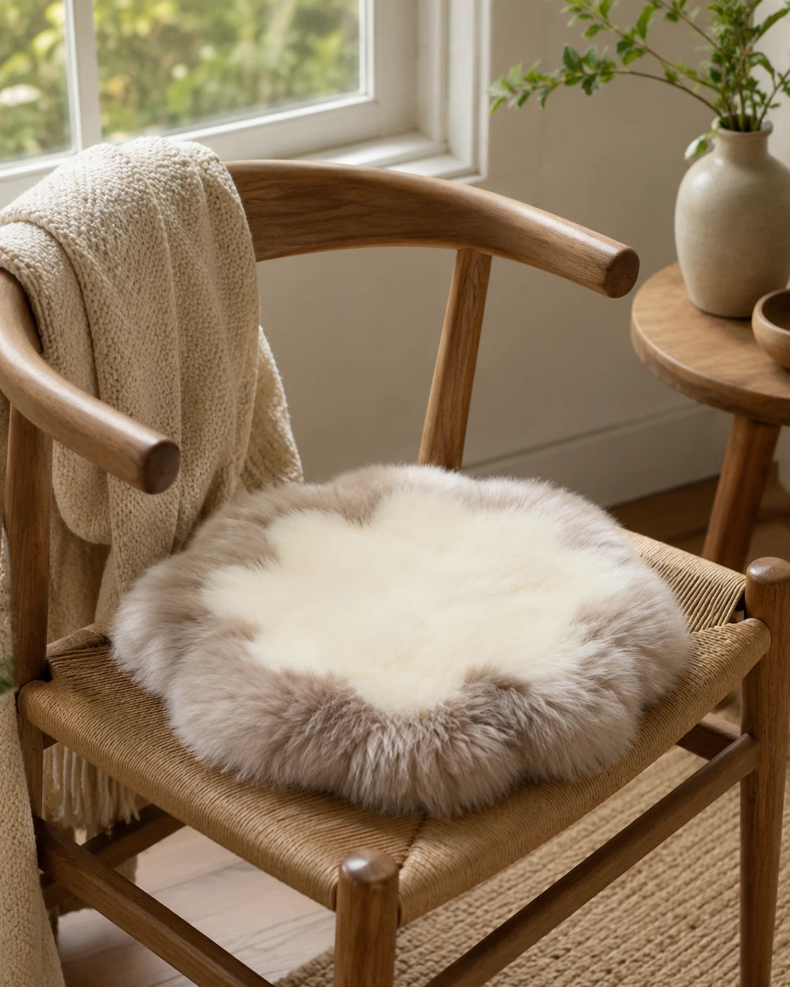 Capricornus Living Taupe and Ivory genuine sheepskin flower pad styled on a walnut chair