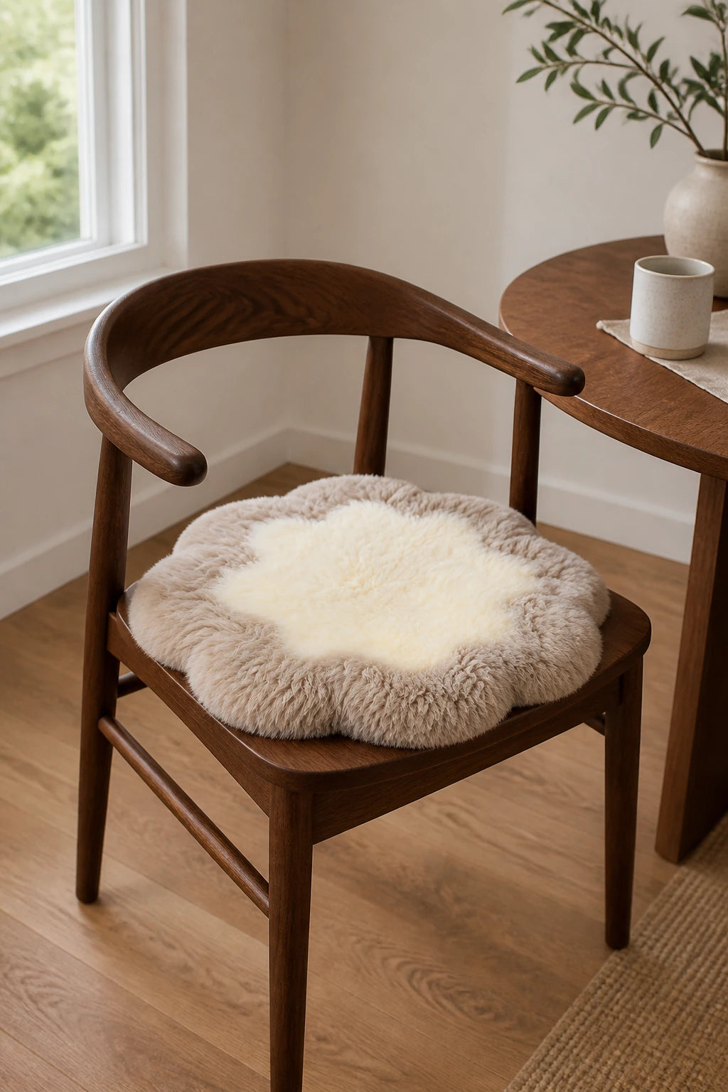Capricornus Living Taupe and Ivory genuine sheepskin flower chair pad in an American breakfast nook