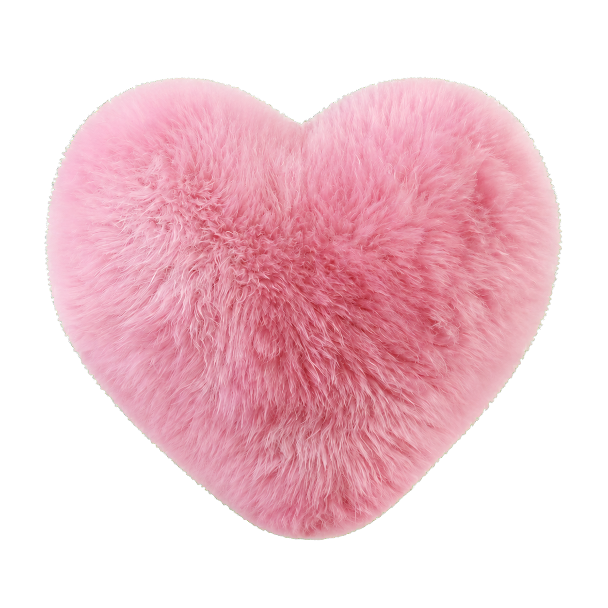 Blush pink genuine long-wool sheepskin heart pillow on transparent background