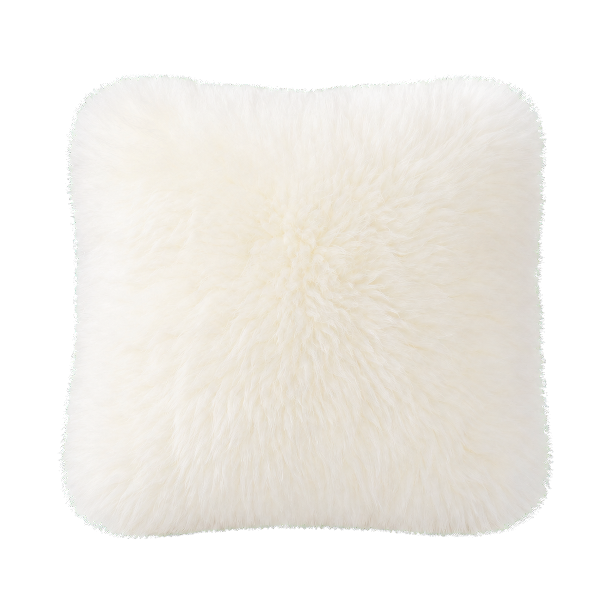 Ivory genuine long-wool sheepskin square pillow on transparent background