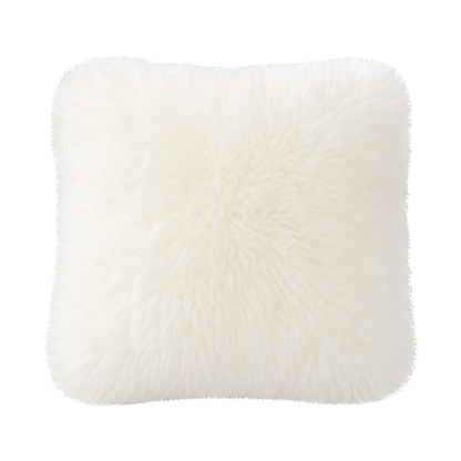 Ivory genuine long-wool sheepskin square pillow on transparent background