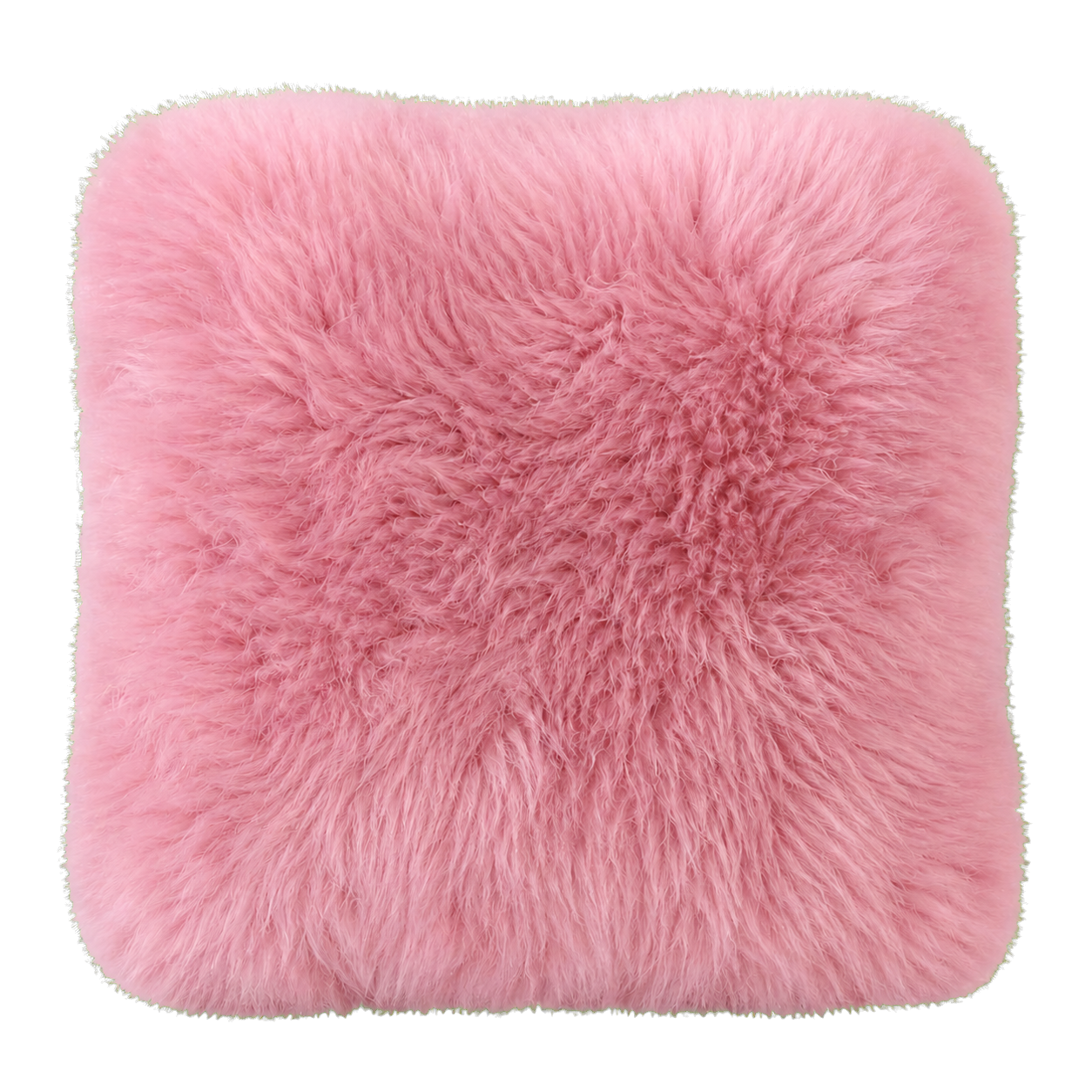 Blush pink genuine long-wool sheepskin square pillow on transparent background