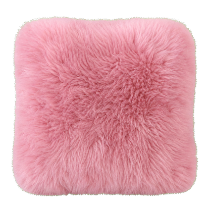 Blush pink genuine long-wool sheepskin square pillow on transparent background