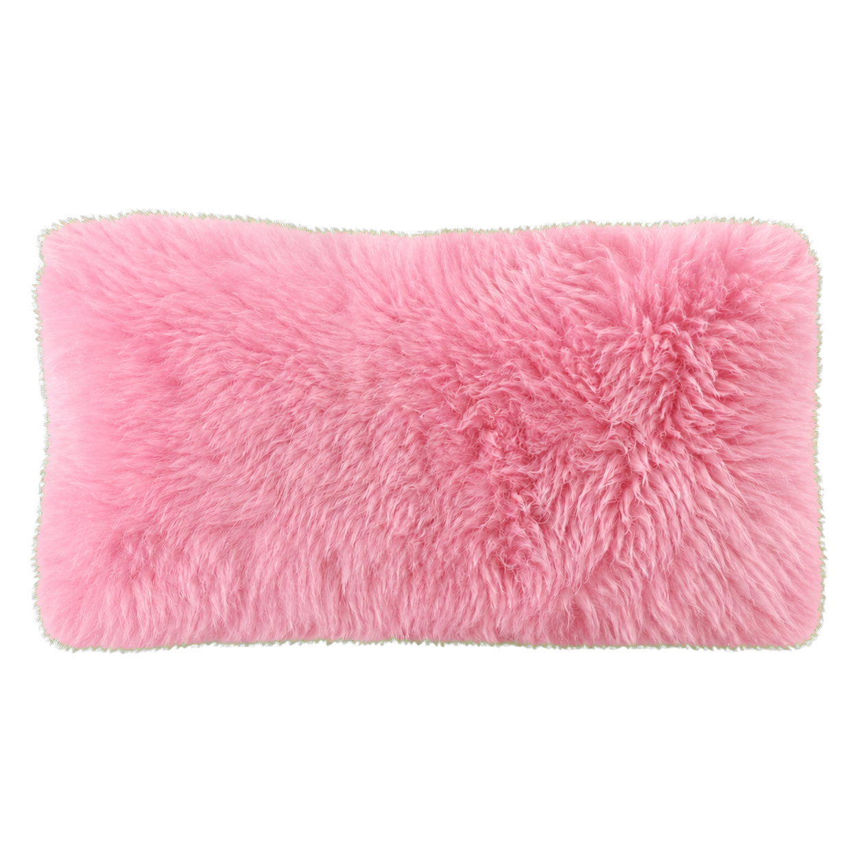 Blush pink genuine long-wool sheepskin lumbar pillow on transparent background
