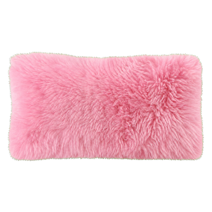 Blush pink genuine long-wool sheepskin lumbar pillow on transparent background