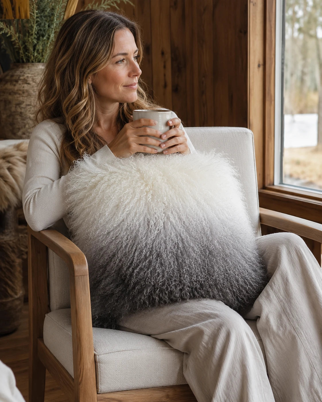 Capricornus Living Gray Gradient lamb wool pillow on a reading chair
