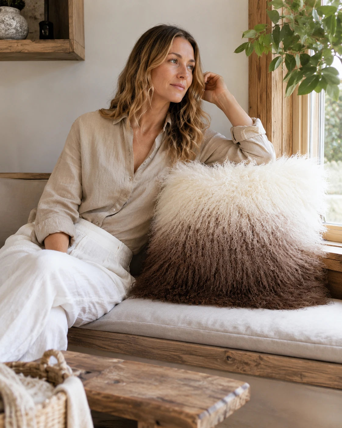 Capricornus Living Brown Gradient lamb wool pillow in a calm living room