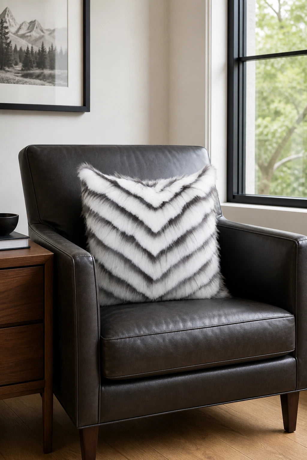 Capricornus Living Ivory White square genuine fur chevron pillow in an American home office