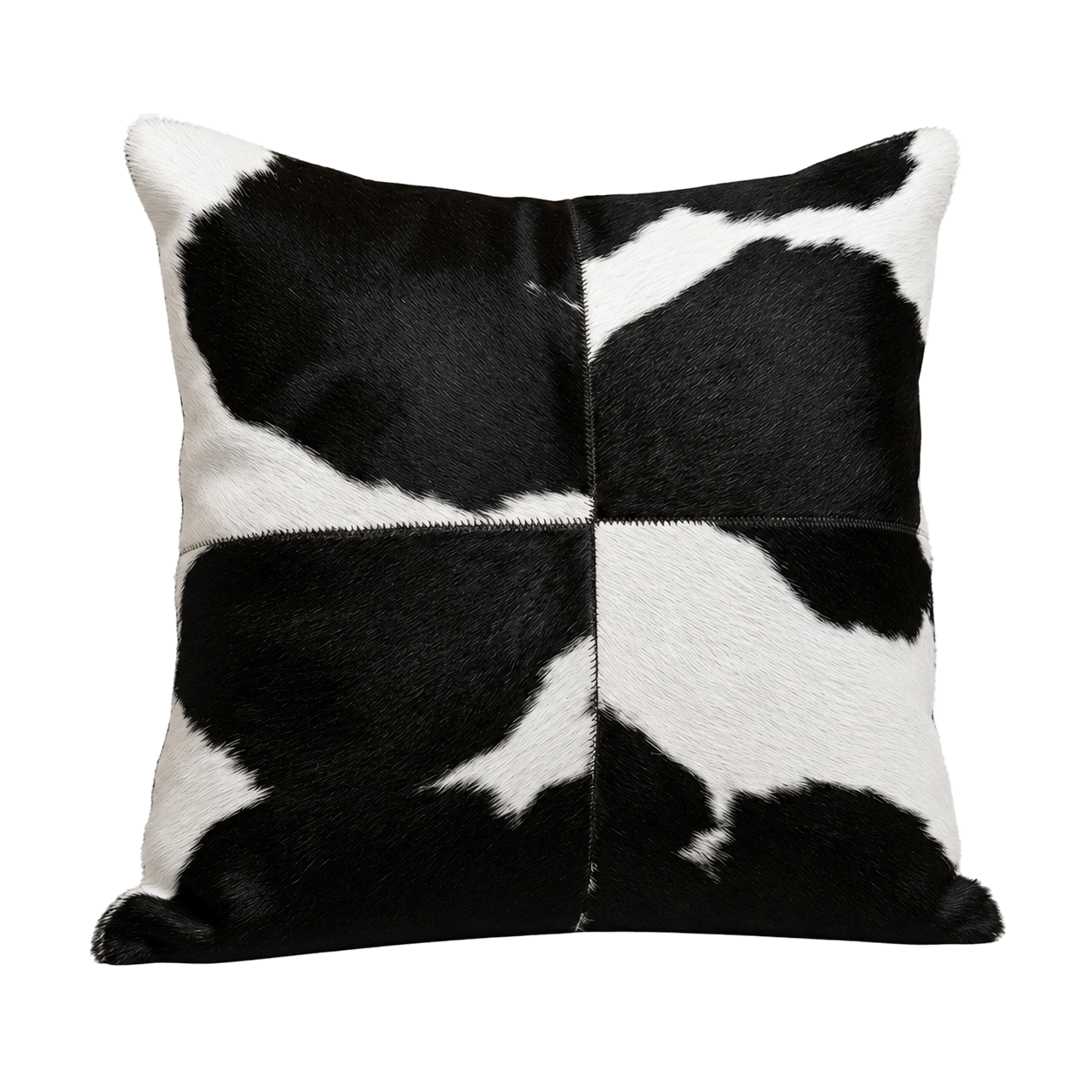 Black and white four-panel genuine cowhide square pillow on transparent background