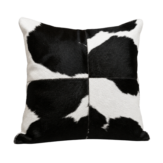 Black and white four-panel genuine cowhide square pillow on transparent background