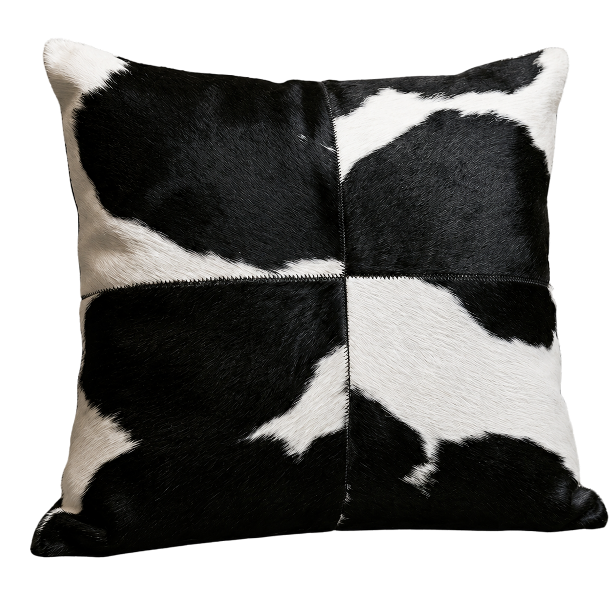 Black and white four-panel variation genuine cowhide square pillow on transparent background