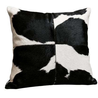 Black and white four-panel variation genuine cowhide square pillow on transparent background