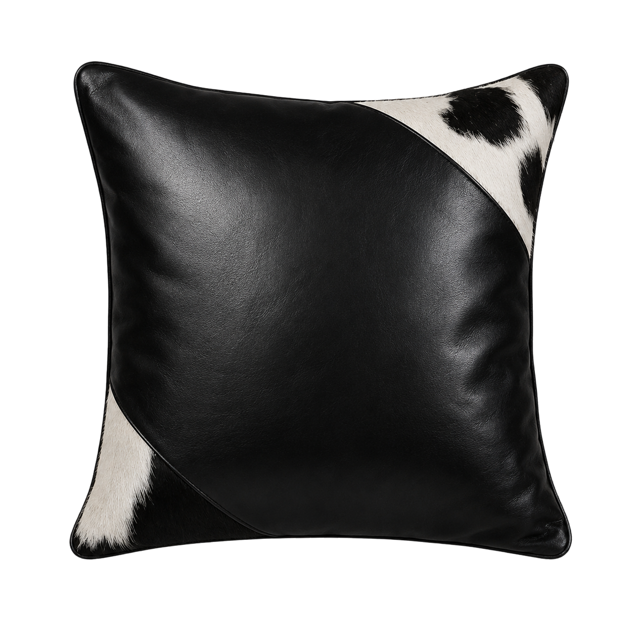 Black leather and black-white cowhide corner square pillow on transparent background
