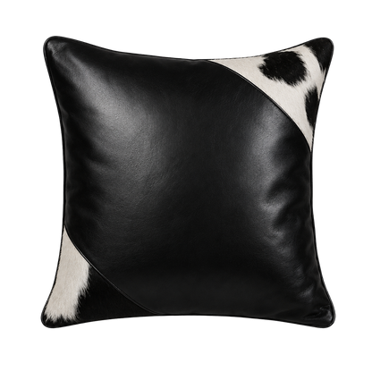 Black leather and black-white cowhide corner square pillow on transparent background