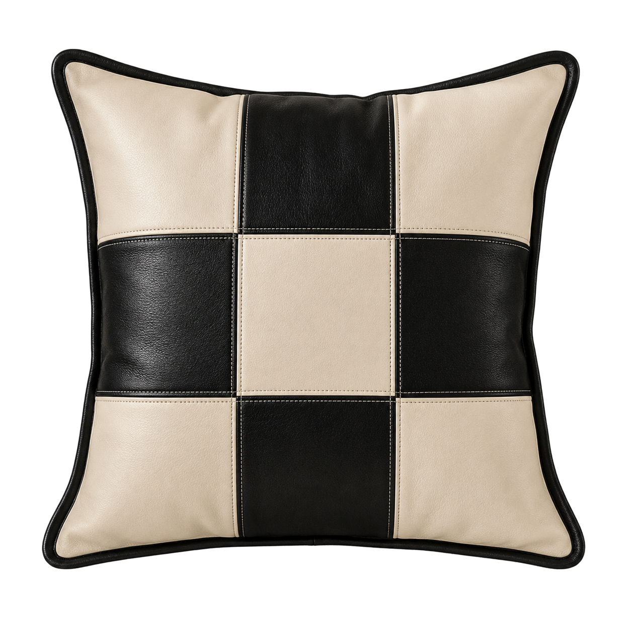 Ivory and black checker genuine leather square pillow on transparent background