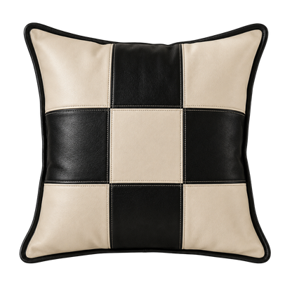 Ivory and black checker genuine leather square pillow on transparent background