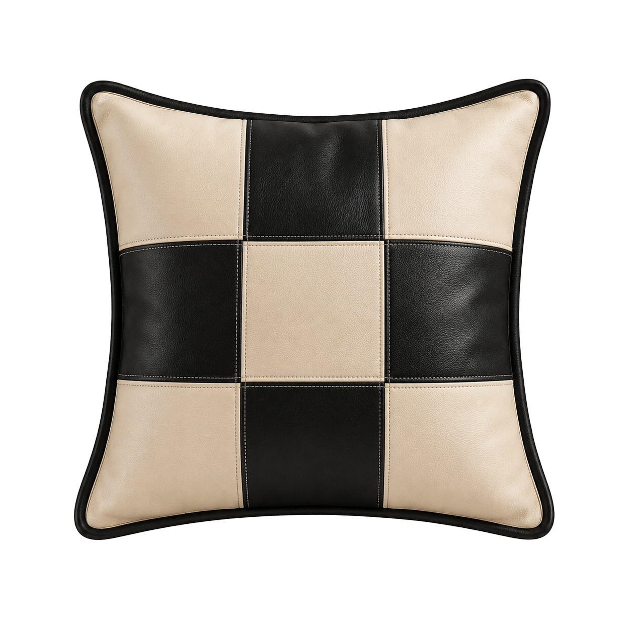 Ivory and black checker variation genuine leather square pillow on transparent background