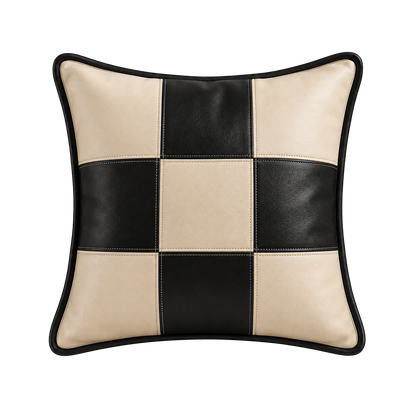 Ivory and black checker variation genuine leather square pillow on transparent background