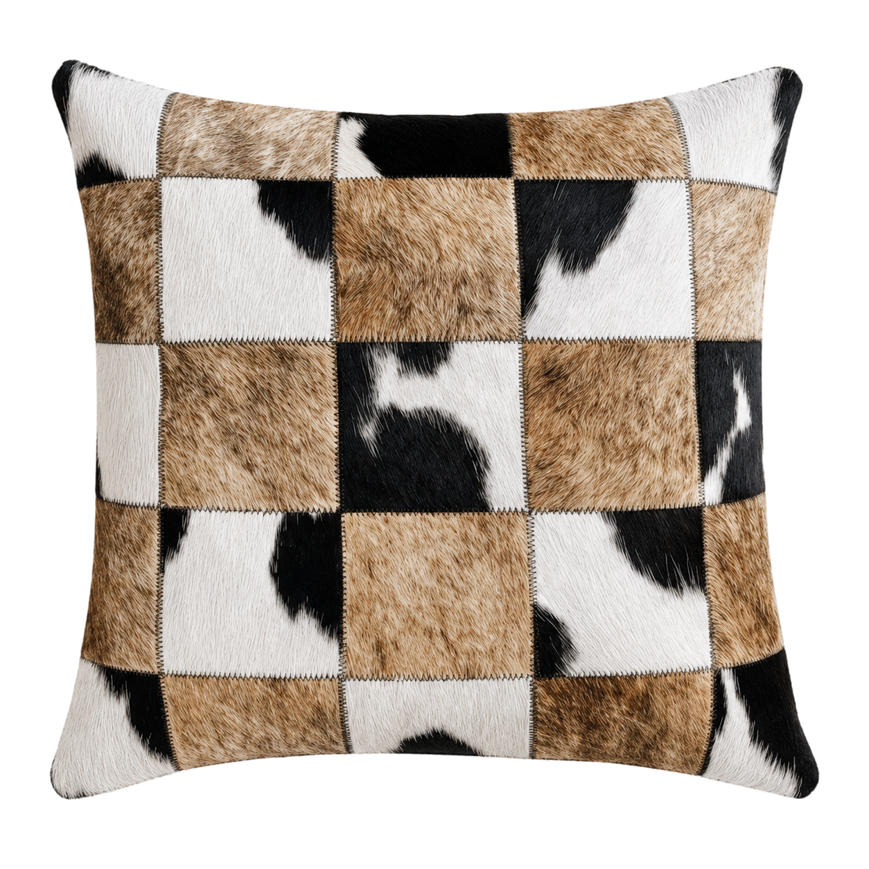 Tan black and ivory mosaic genuine cowhide square pillow on transparent background