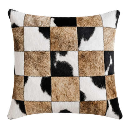 Tan black and ivory mosaic genuine cowhide square pillow on transparent background