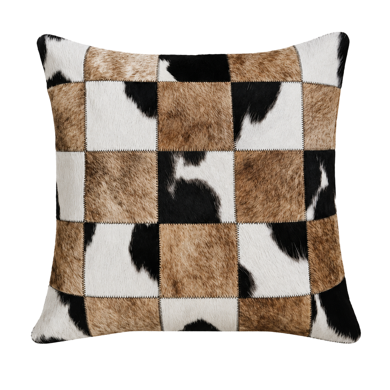 Tan black and ivory mosaic variation genuine cowhide square pillow on transparent background