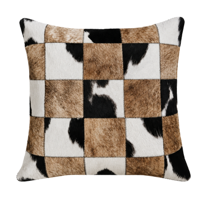 Tan black and ivory mosaic variation genuine cowhide square pillow on transparent background