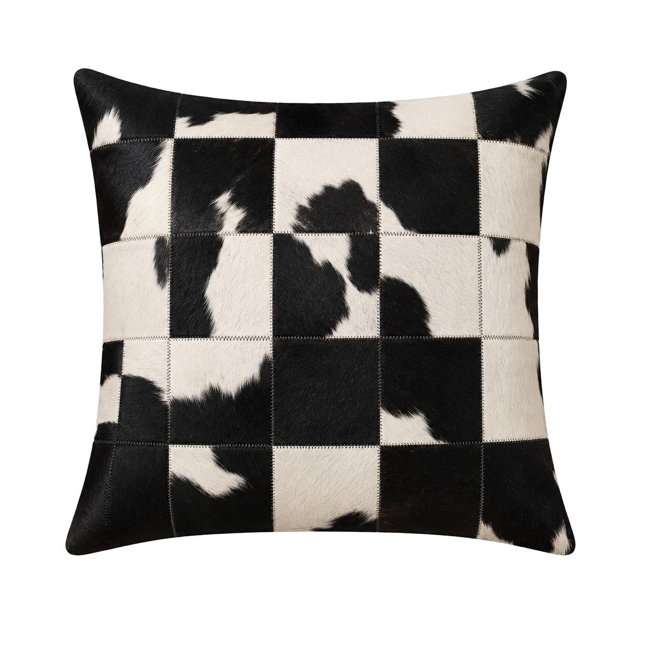 Black and white small-check patchwork genuine cowhide square pillow on transparent background