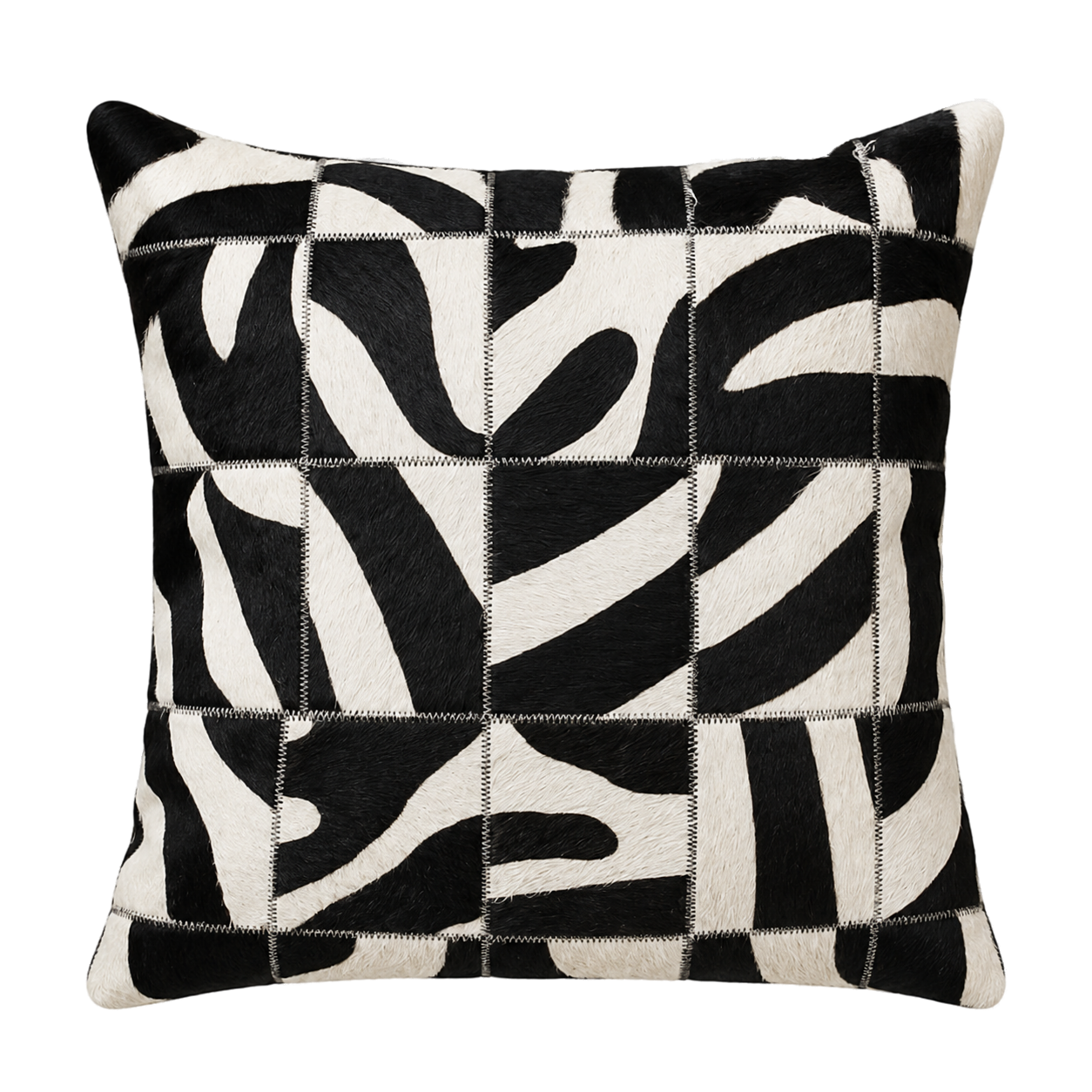 Black and ivory zebra-grid patchwork genuine cowhide square pillow on transparent background