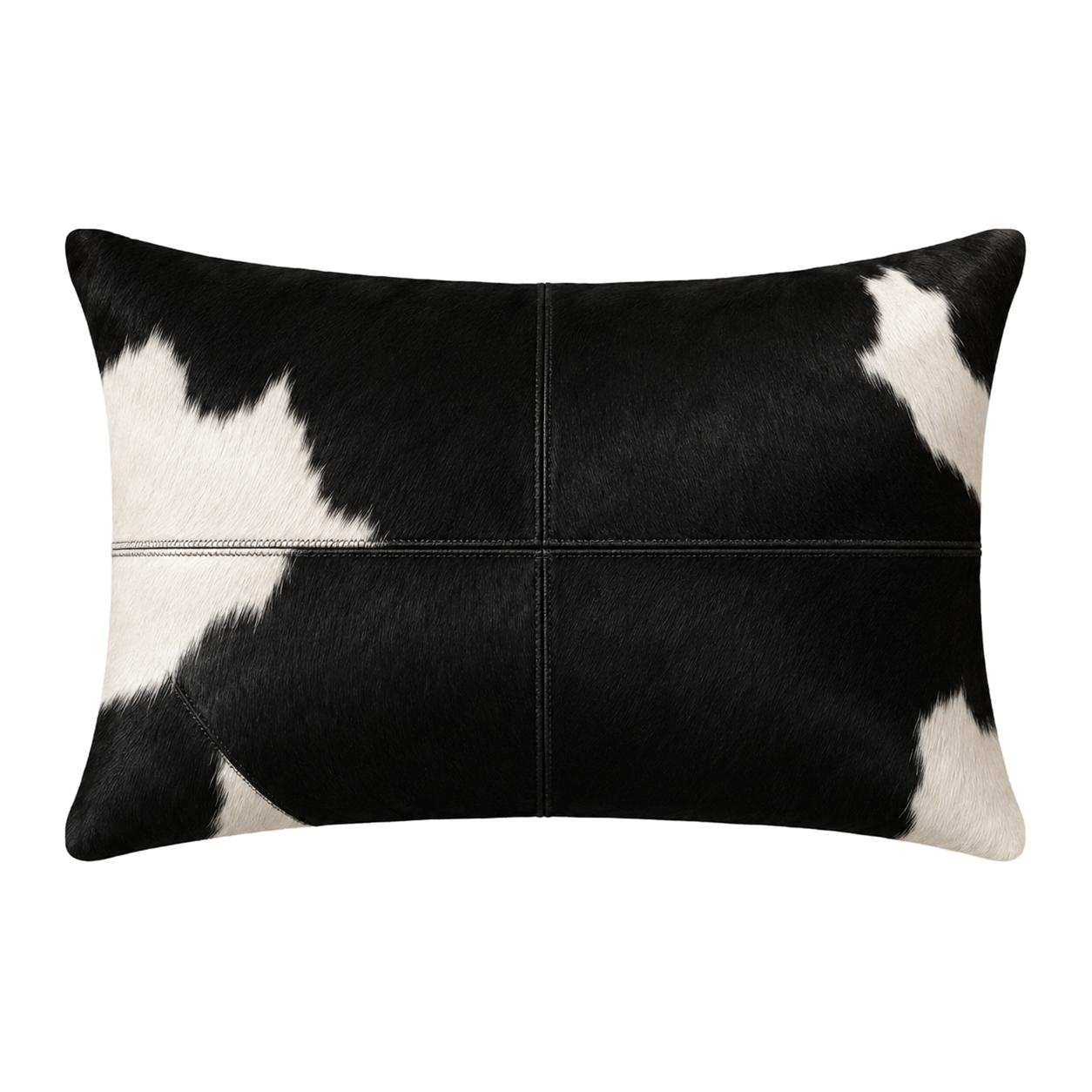 Black and white natural-panel genuine cowhide lumbar pillow on transparent background
