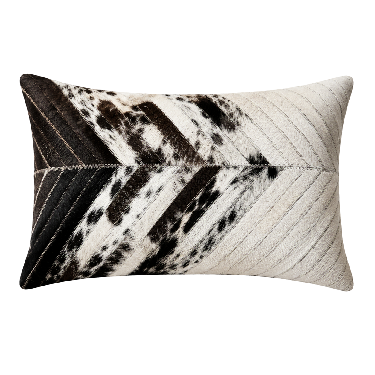 Black and ivory chevron patchwork genuine cowhide lumbar pillow on transparent background