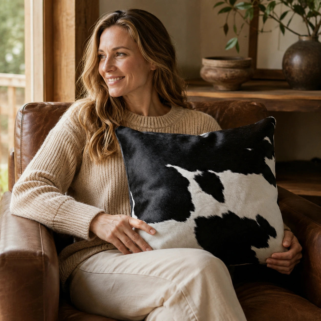 Woman over 35 holding a black and white cowhide square pillow in a warm wood chair