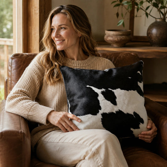 Woman over 35 holding a black and white cowhide square pillow in a warm wood chair