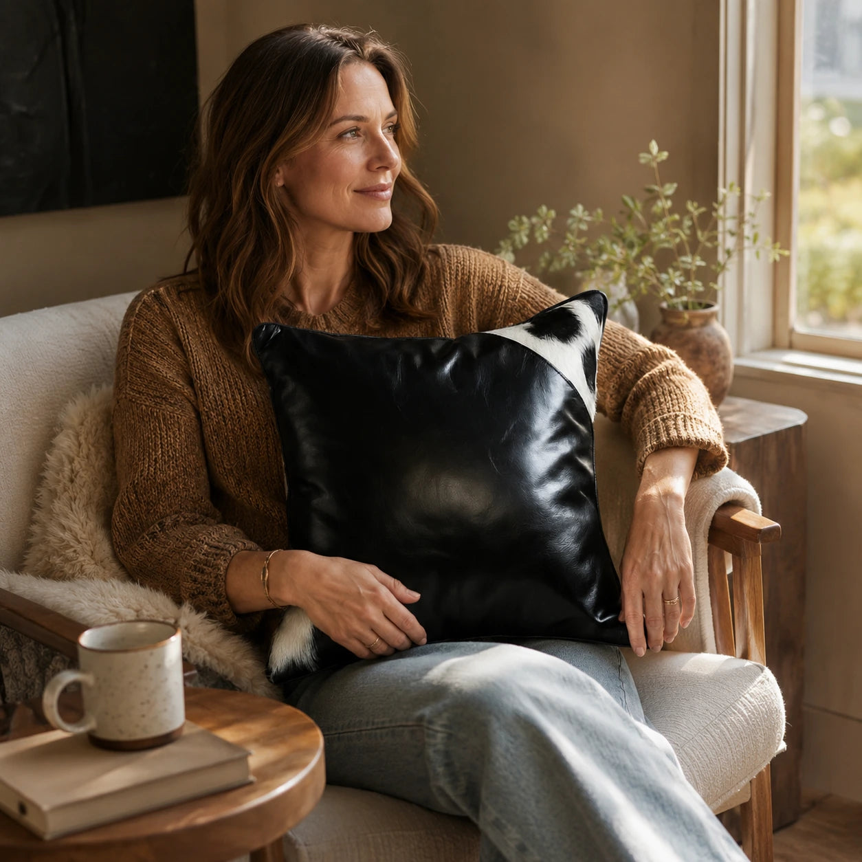 Woman seated with a black leather and cowhide square pillow in a reading chair