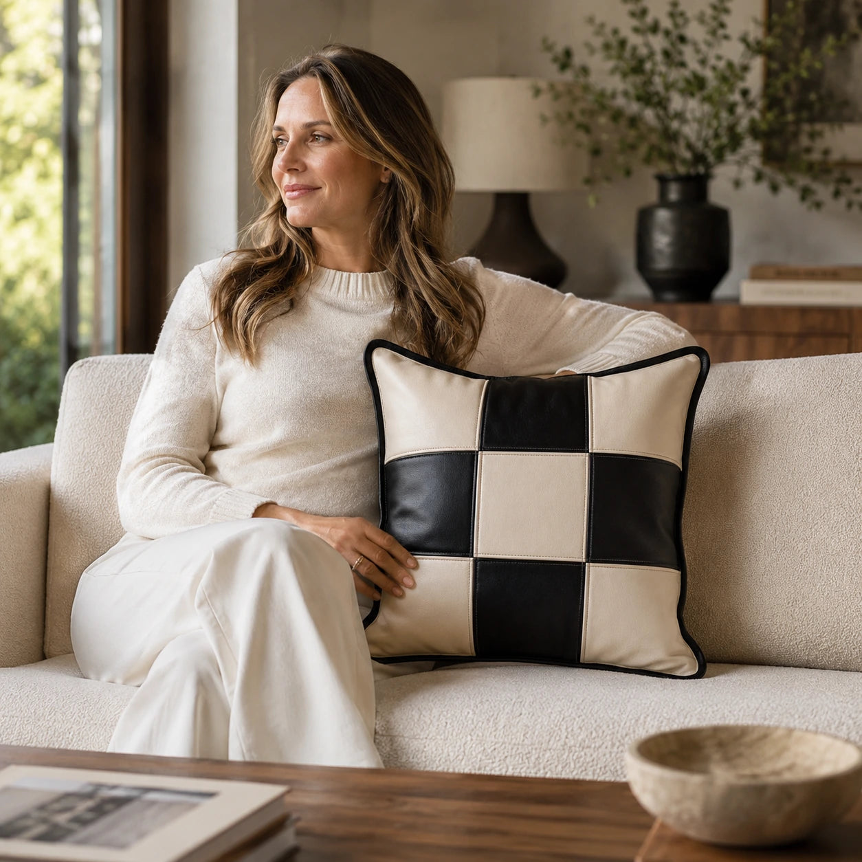 Woman seated beside an ivory and black checker leather pillow on a neutral sofa