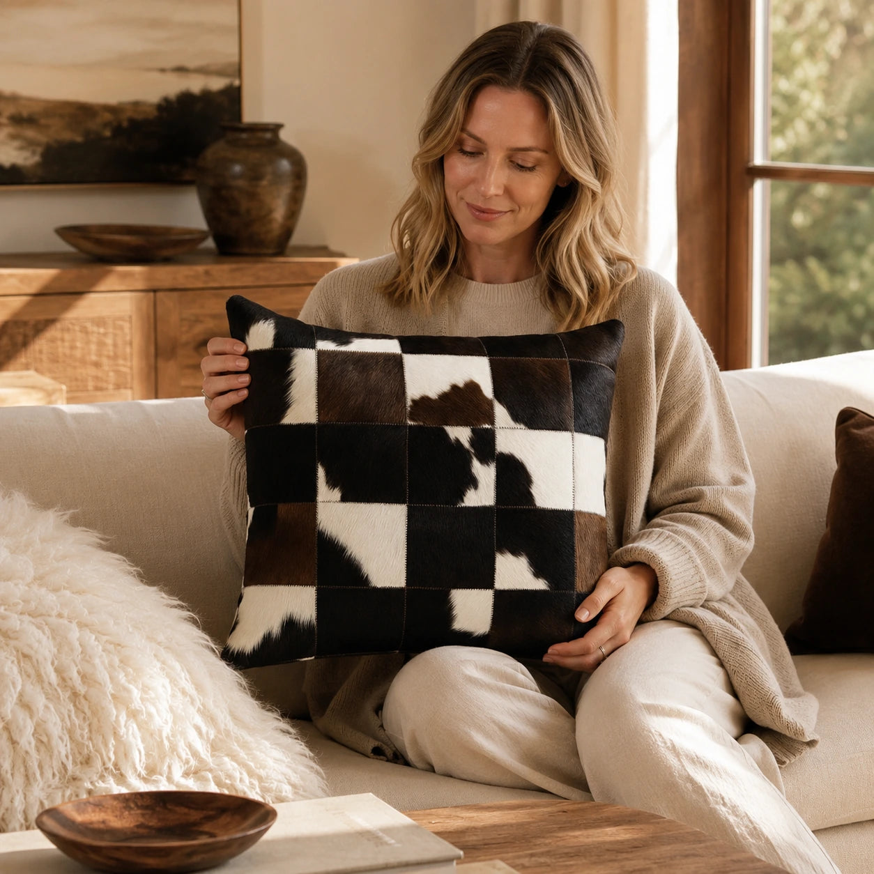 Woman over 35 holding a tan black and ivory mosaic cowhide pillow