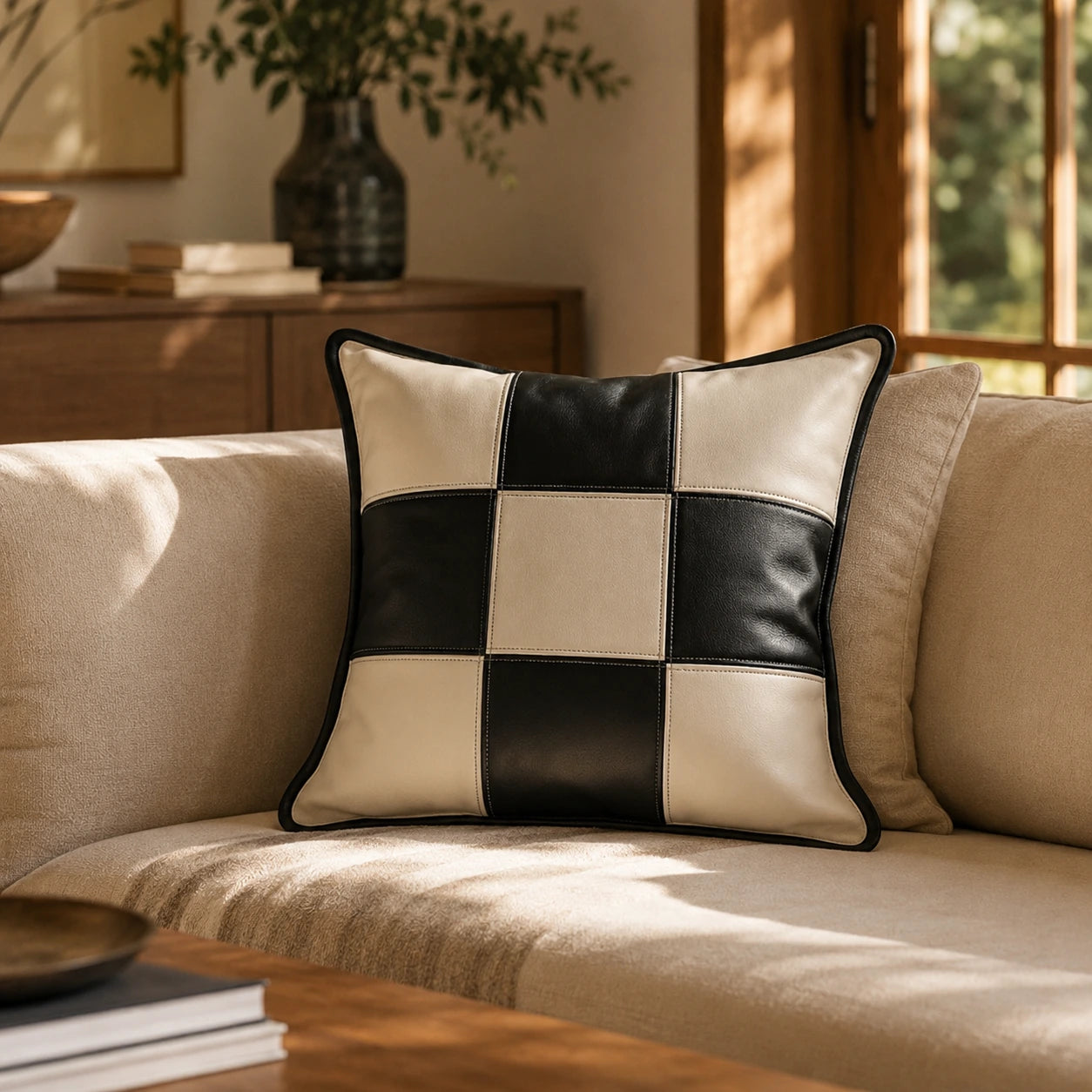 Ivory and black checker leather pillow styled on a neutral sofa